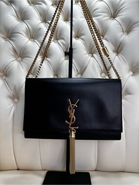 Saint Laurent Black Leather Tassel Chain Shoulder Bag